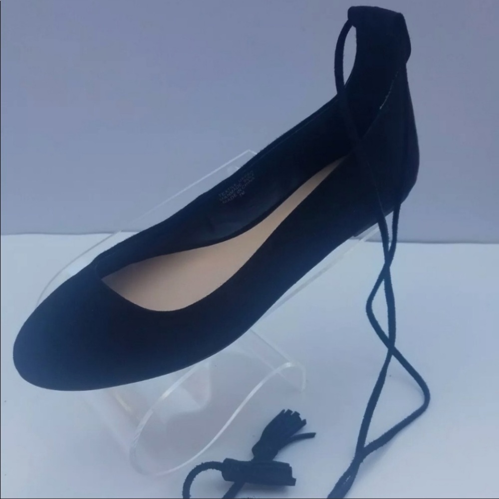Black Ballet Flats Size 7 Ankle Wrap Ties EUC